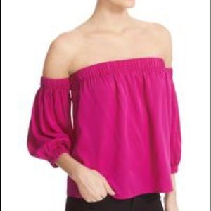 Milly Off-the-Shoulder Stretch-Silk Blouse Fuschia